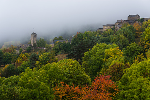 Village of Fanlo in Huesca covered with fog