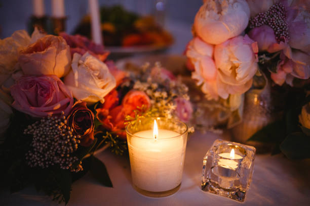 istock Table decor with white flowers and candles for a wedding party 861654746