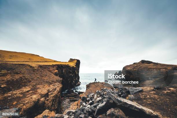 Hiking On Valahnukur Cliffs In Iceland Stock Photo - Download Image Now - Landscape - Scenery, Wide Angle, Hiking