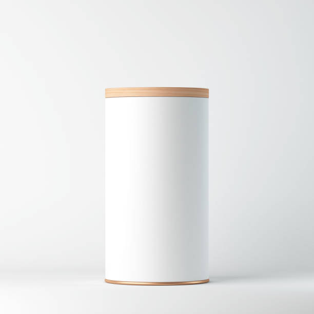 White Tin Can Mockup with wooden cover, lid. Cylindrical packaging, Tea, coffee