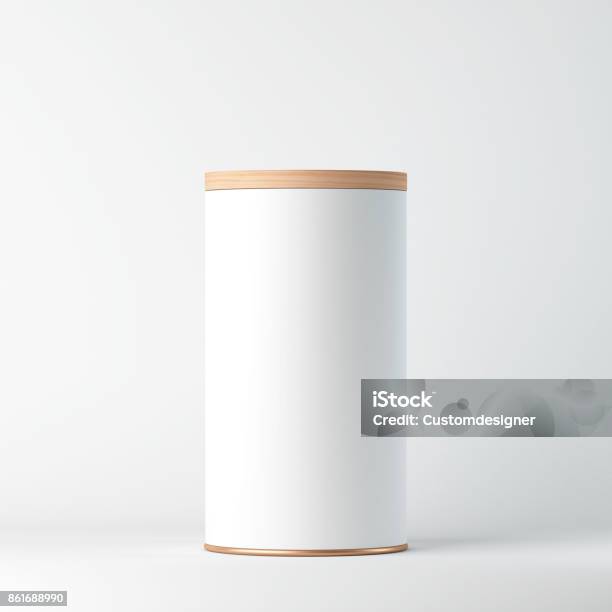 White Tin Can Mockup With Wooden Cover Lid Cylindrical Packaging Tea Coffee Stock Photo - Download Image Now