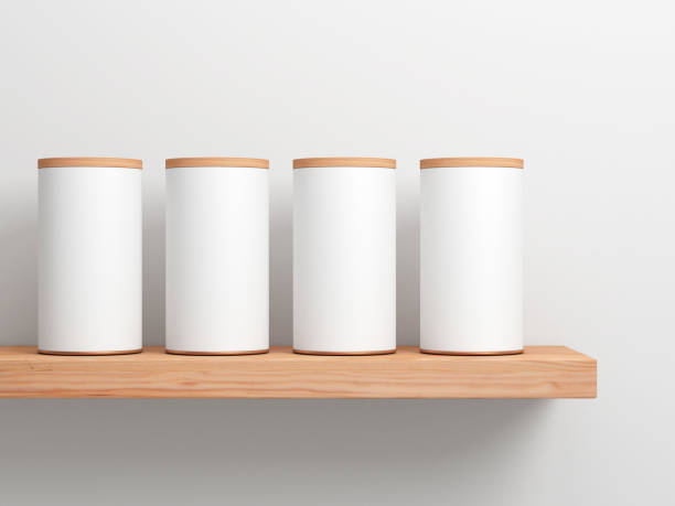 Four White Tin Can Mockup on wooden shelf. Cylindrical packaging