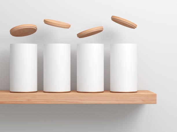 istock Four White Tin Can Mockup with opened lids on wooden shelf. Cylindrical packaging 861691138
