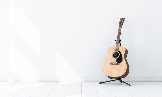Acoustic Guitar Mockup on Stand in white empty room, 3d rendering
