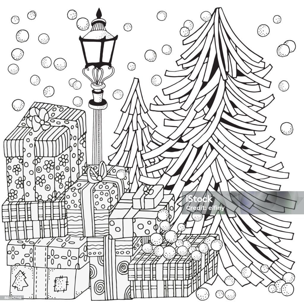 Winter. Adult Coloring book page. Lantern shines at night. Christmas trees and gifts. Xmas holiday coloring book. Black and white. Winter. Adult Coloring book page. Lantern shines at night. Firs. Christmas trees and gifts. Xmas holiday coloring book. Black and white. Adult coloring book with winter background. Adult stock vector