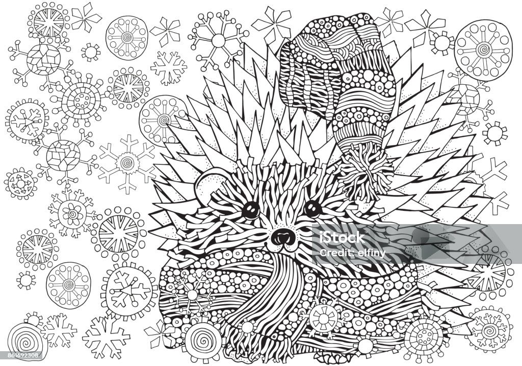 Pattern for coloring book. Prickly hedgehog with Xmas Snowflakes. Hand-drawn elements in vector. A4 size. Black and white. Coloring Book Page - Illlustration Technique stock vector
