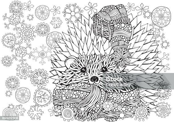 Pattern For Coloring Book Prickly Hedgehog With Xmas Snowflakes Handdrawn Elements In Vector A4 Size Black And White Stock Illustration - Download Image Now