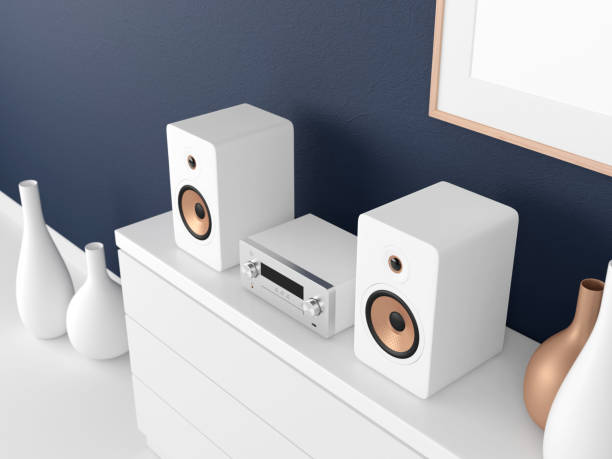 istock Micro Hi Fi stereo system Mockup on bureau in modern interior, Network receiver,  cd and mp3 player 861699140