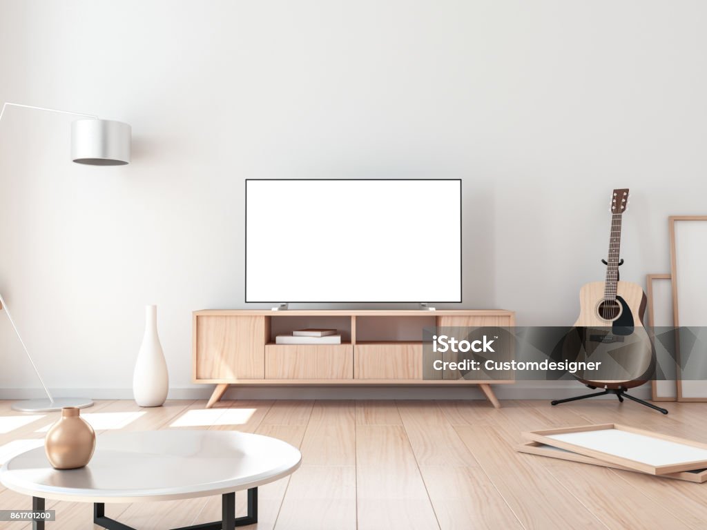 Maquete de Tv inteligente, sala de estar com a guitarra acústica - Foto de stock de Televisor royalty-free