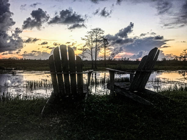 istock chairs looking at Reflection of vibrant sunset in a swamp 861702234
