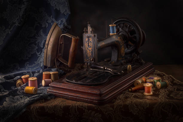 istock Vintage sewing machine with scissors and cloth 861705694