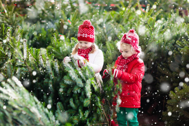 istock Kids select Christmas tree. Family buying Xmas tree. 861709876