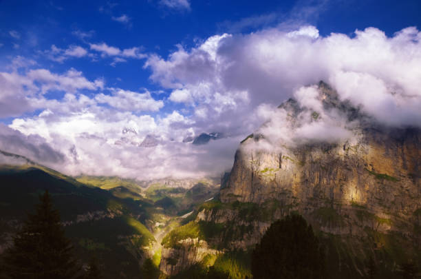 Evening View to the East from the Village of Mürren over Lauterbrunnen Valley, Jungfrau Region, Switzerland. Eiger Mountain to the Right.