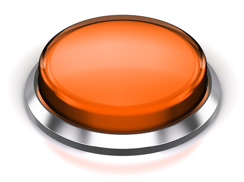 Creative abstract internet web design and online communication business concept: 3D render illustration of the orange glossy push press button or icon with shiny metal bezel isolated on white background with reflection effect