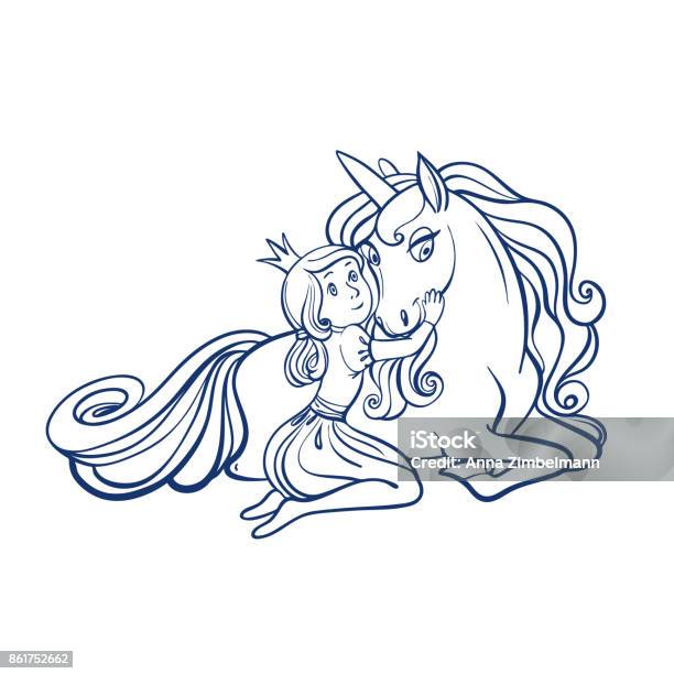 Little Princess Girl And Cute Unicorn Vector Illustration Stock Illustration - Download Image Now