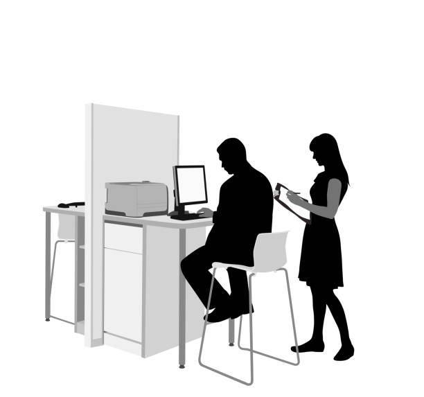 Unwanted Instructions Clipboard Young man and woman studying doing a library search at the PC factory worker silhouette stock illustrations