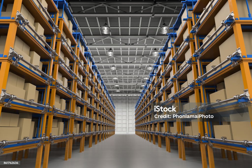 racks full of carton boxes 3d rendering racks full of carton boxes in warehouse Aisle Stock Photo