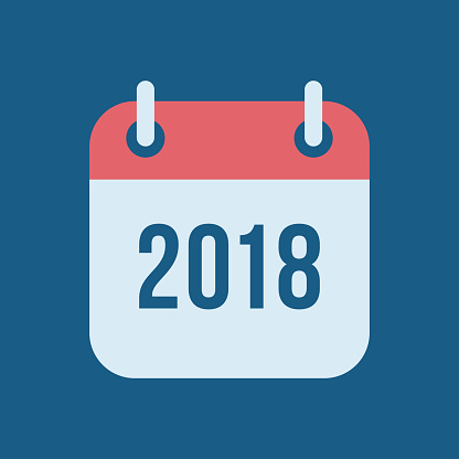 Happy New Year 2018. Tear-off calendar icon in flat style on blue background. Reminder symbol design for Chinese Year of the Dog
