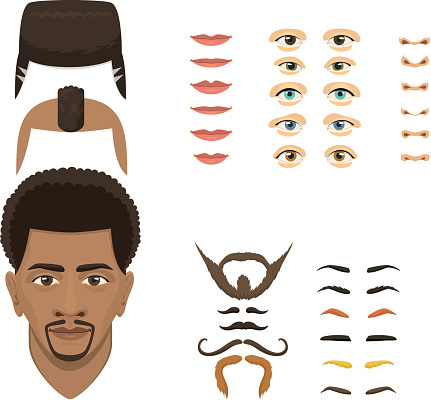 Man face emotions constructor elements eyes, nose, lips, beard, mustache avatar icon creator. Vector Illustration trendy flat design cartoon character parts creation spare parts spares animation.