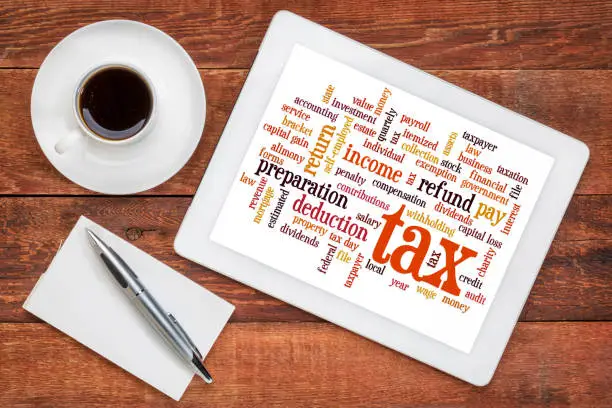 cloud  of words related to taxes, preparation, paying, income, refunds  on a digital tablet with a cup of coffee