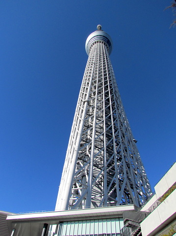 Sumida Tokyo Japan, 20 December 2012: View of Tokyo Skytree Neofuturistic television and radio broadcast supertall tower with clear blue sky