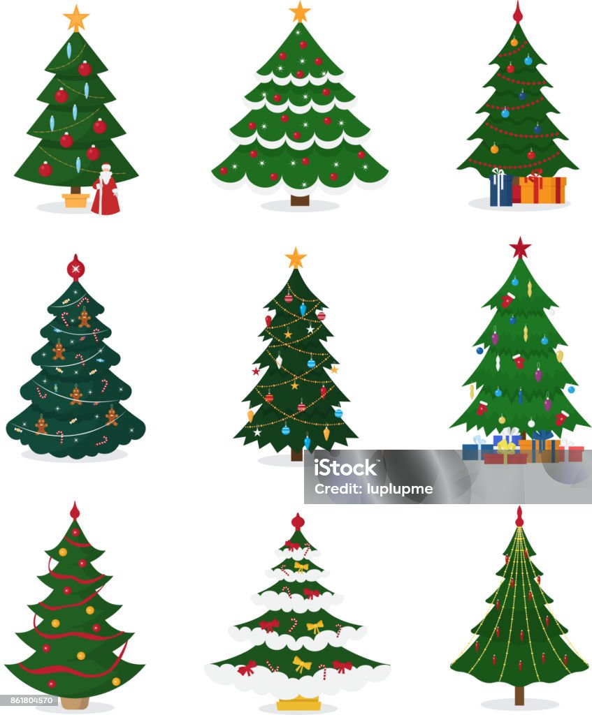 Christmas New Year tree vector icons with ornament star xmas gift design holiday celebration winter season party plant Christmas New Year tree vector icons with ornament star xmas gift design holiday celebration winter season party plant. Vector ball season decorative shiny festive bright card symbol. Christmas Tree stock vector