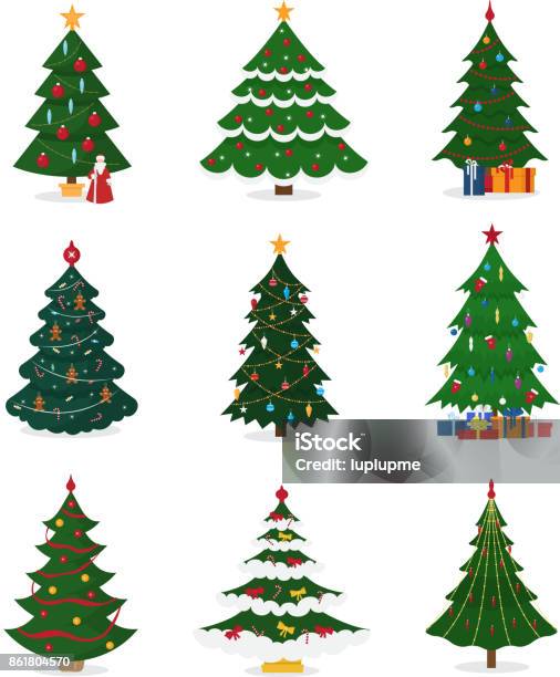 Christmas New Year Tree Vector Icons With Ornament Star Xmas Gift Design Holiday Celebration Winter Season Party Plant Stock Illustration - Download Image Now