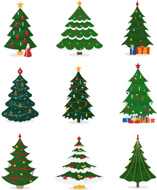 Vector illustration of Christmas New Year tree vector icons with ornament star xmas gift design holiday celebration winter season party plant