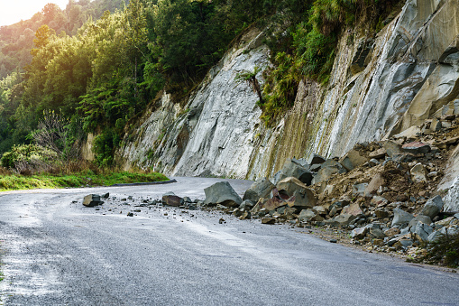Landslide after heavy raining on Whanganui river road in National Park in Autumn , Whanganui , North Island of New Zealand