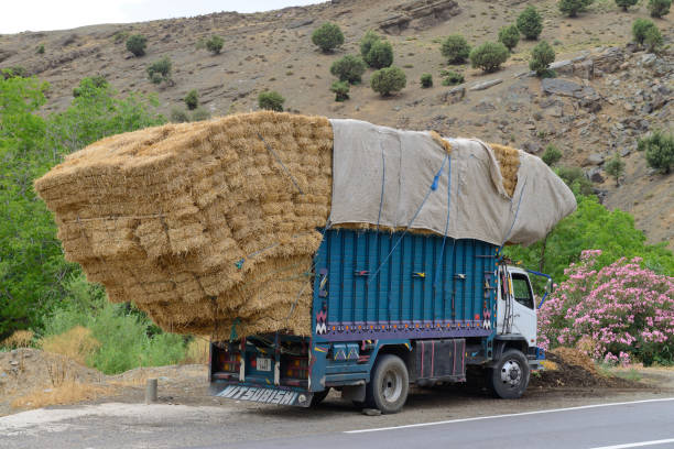 Atlas, Morocco - July 10: Overloaded truck staying on road, July 10, 2013 in Atlas Mountains, Morocco. Road in Atlas Mountains very popular tourist route in central Morocco