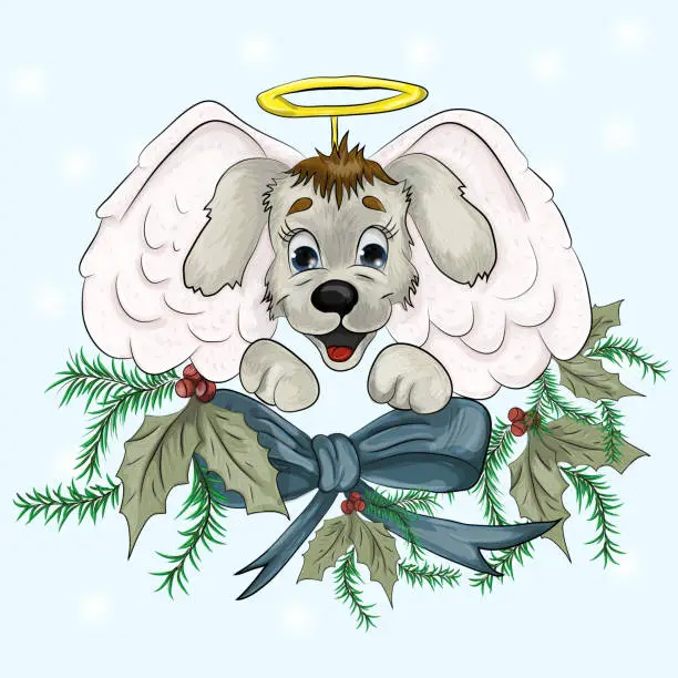 Vector illustration of Christmas angel in the form of a small puppy