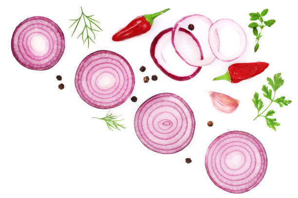 istock onions, garlic, hot pepper and spices isolated on white background. Top view 861840778