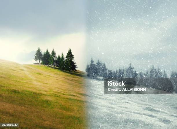 Landscape Half Autumnhalf Winter Stock Photo - Download Image Now - Cold Temperature, Heat - Temperature, Change