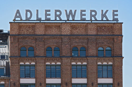 FRANKFURT, GERMANY-OCTOBER 14, 2017: Building of the Adlerwerke with lettering in Kleyerstraße in Frankfurt am Main, Germany