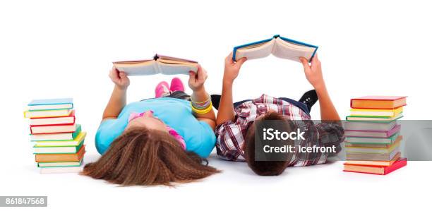 Teens Reading Books Stock Photo - Download Image Now - Child, Reading, White Background