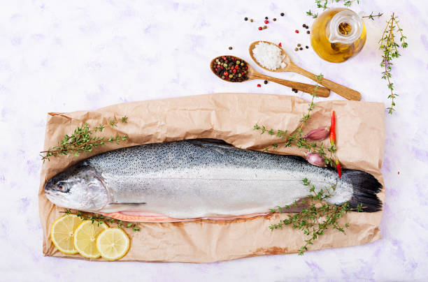 frischen rohen lachs rotbarsch auf hellem hintergrund. flach zu legen. ansicht von oben - coho salmon stock-fotos und bilder