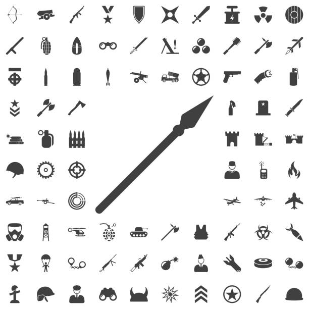 Medieval spear weapon with pointed head flat icon Medieval spear weapon with pointed head flat icon. Set of weapon icons spear stock illustrations