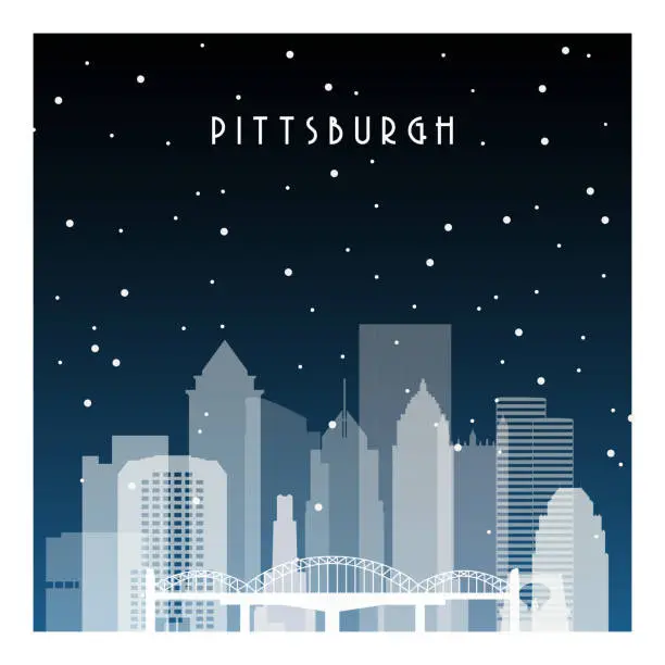 Vector illustration of Winter night in Pittsburgh. Night city in flat style for banner, poster, illustration, game, background.