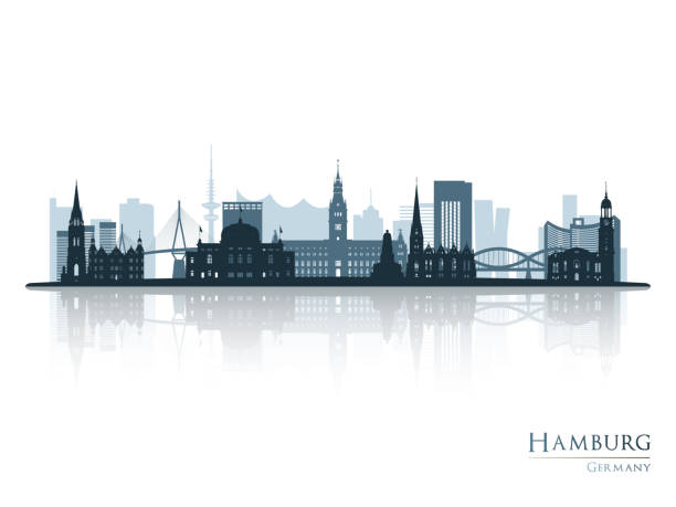 hamburg skyline silhouette mit reflexion. vektor-illustration. - hamburg stock-grafiken, -clipart, -cartoons und -symbole