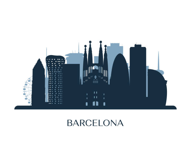 ilustraciones, imágenes clip art, dibujos animados e iconos de stock de skyline de barcelona, silueta monocromo. ilustración de vector. - barcelona