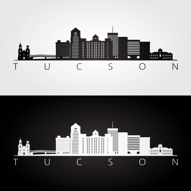 Tucson usa skyline and landmarks silhouette, black and white design, vector illustration. Tucson usa skyline and landmarks silhouette, black and white design, vector illustration. tucson stock illustrations