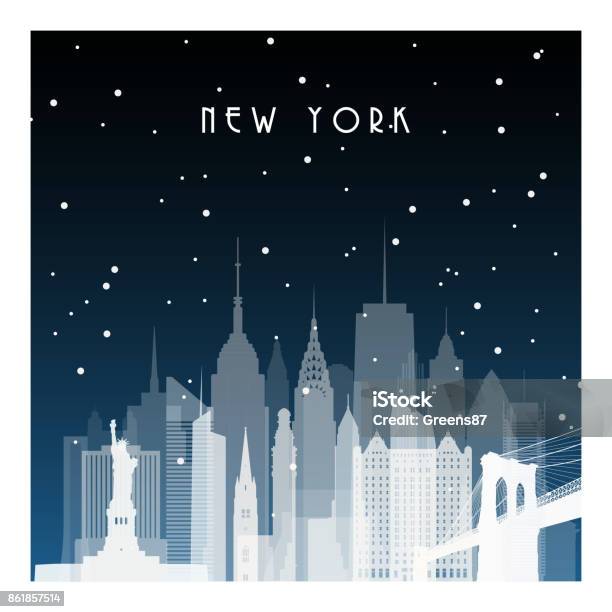 Winternacht In New York Nächtliche Stadt Im Flachen Stil Für Banner Plakat Illustration Spiel Hintergrund Stock Vektor Art und mehr Bilder von New York City