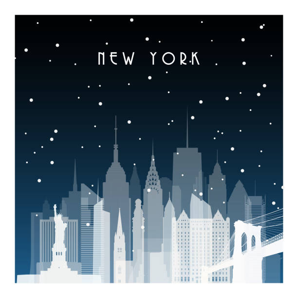 겨울 밤 뉴욕에서. 배너, 포스터, 일러스트 레이 션, 게임, 배경에 대 한 평면 스타일에 박 시. - new york city new york state skyline winter stock illustrations