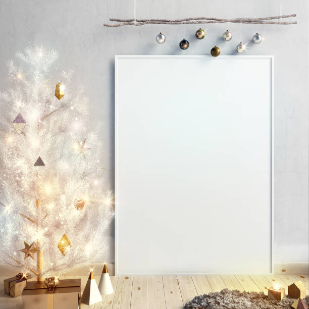istock Modern Christmas interior of Scandinavian style with shining lights Christmas tree. 3D illustration. poster mock up 861858038