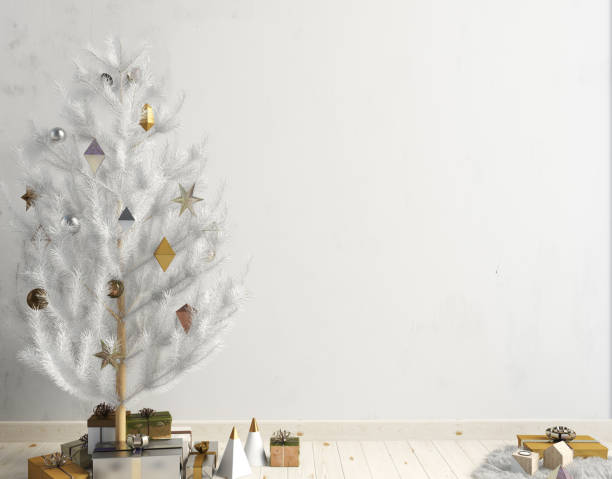 istock Modern Christmas interior of Scandinavian style with shining lights Christmas tree. 3D illustration. poster mock up 861858076