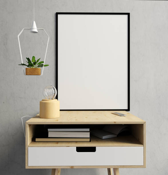 istock Modern interior with bedside table, posters and lamps. poster mock up. 3D illustration 861858124