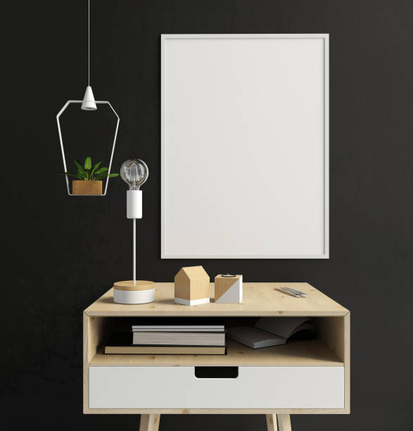 istock Modern interior with bedside table, posters and lamps. poster mock up. 3D illustration 861858154