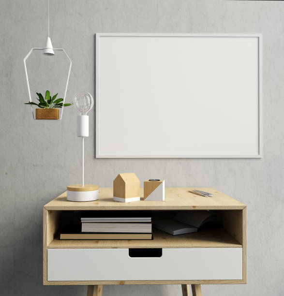 istock Modern interior with bedside table, posters and lamps. poster mock up. 3D illustration 861858170