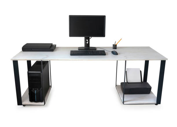 istock Desktop personal computer (PC) on the wood table (desk), isolated on white. 861862850
