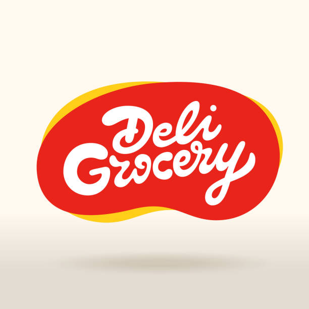 ilustraciones, imágenes clip art, dibujos animados e iconos de stock de inscripción de vector deli grocery - supermercado